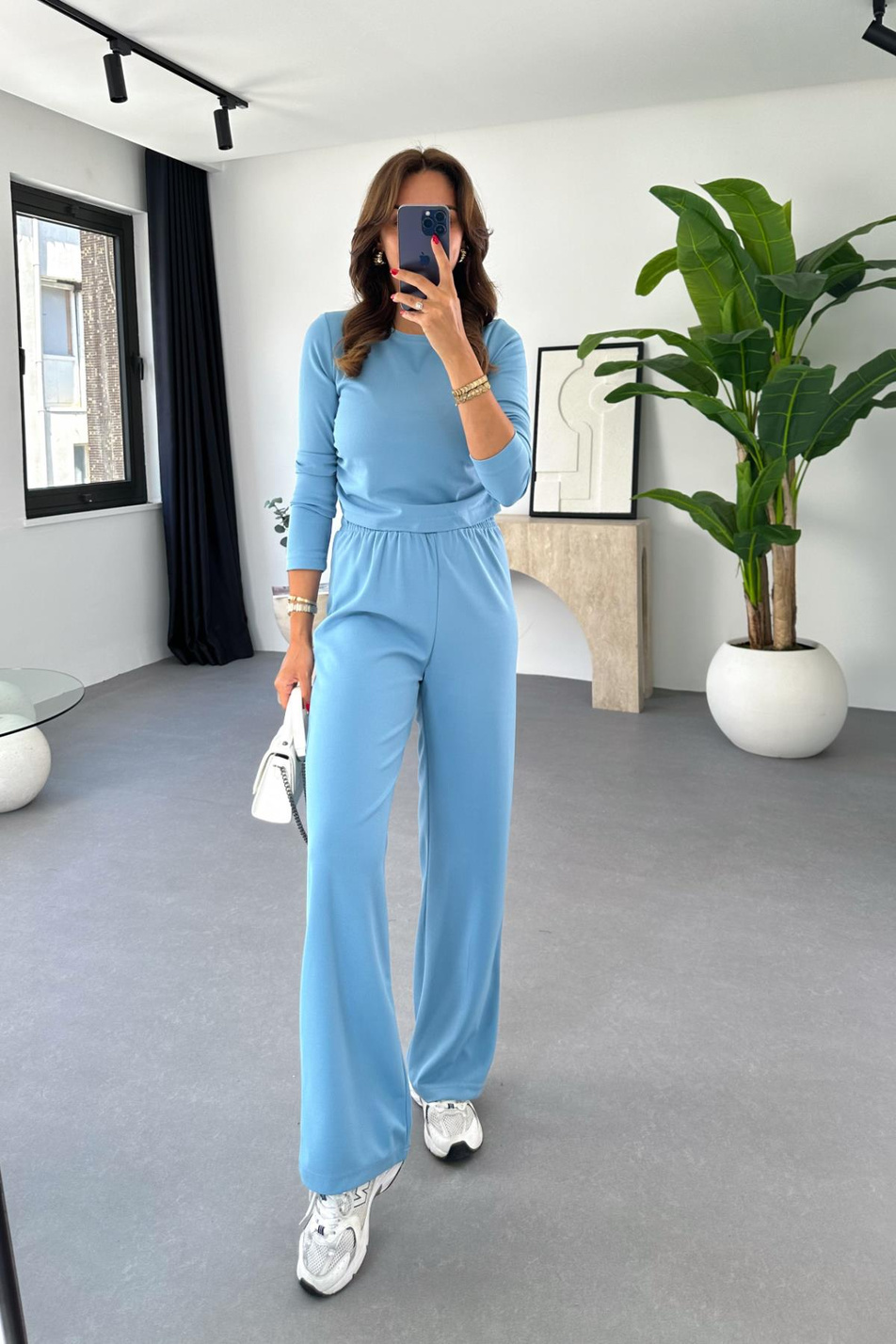 Kulia Bebe Mavi Yanları Büzgülü Bluz Pantolon Takım