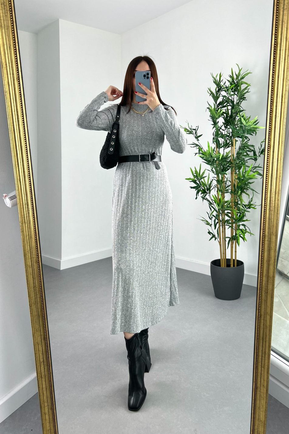 Dress Gri Dik Yaka Çan Elbise