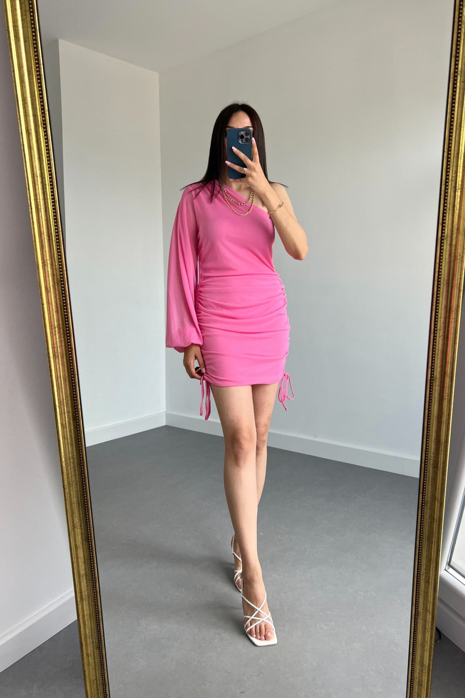 Pembe Tek Omuz Drapeli Elbise