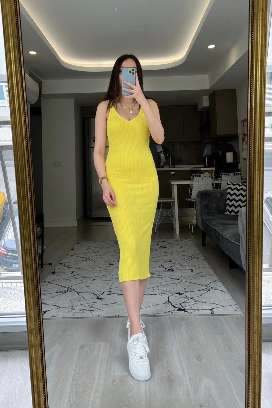 Sarı Askılı Fitilli Elbise