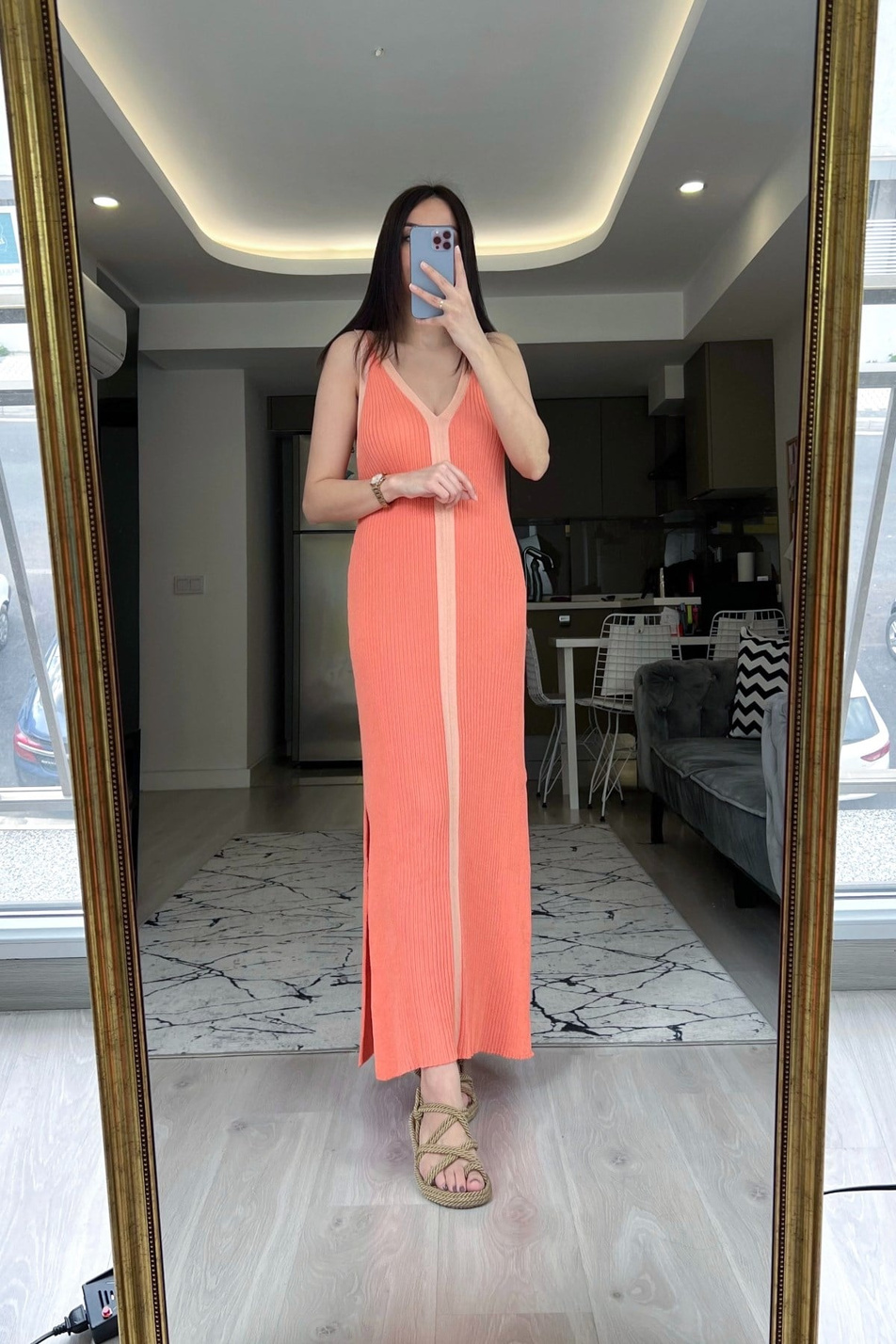 Yavruağzı Fitilli Maxi Boy Elbise