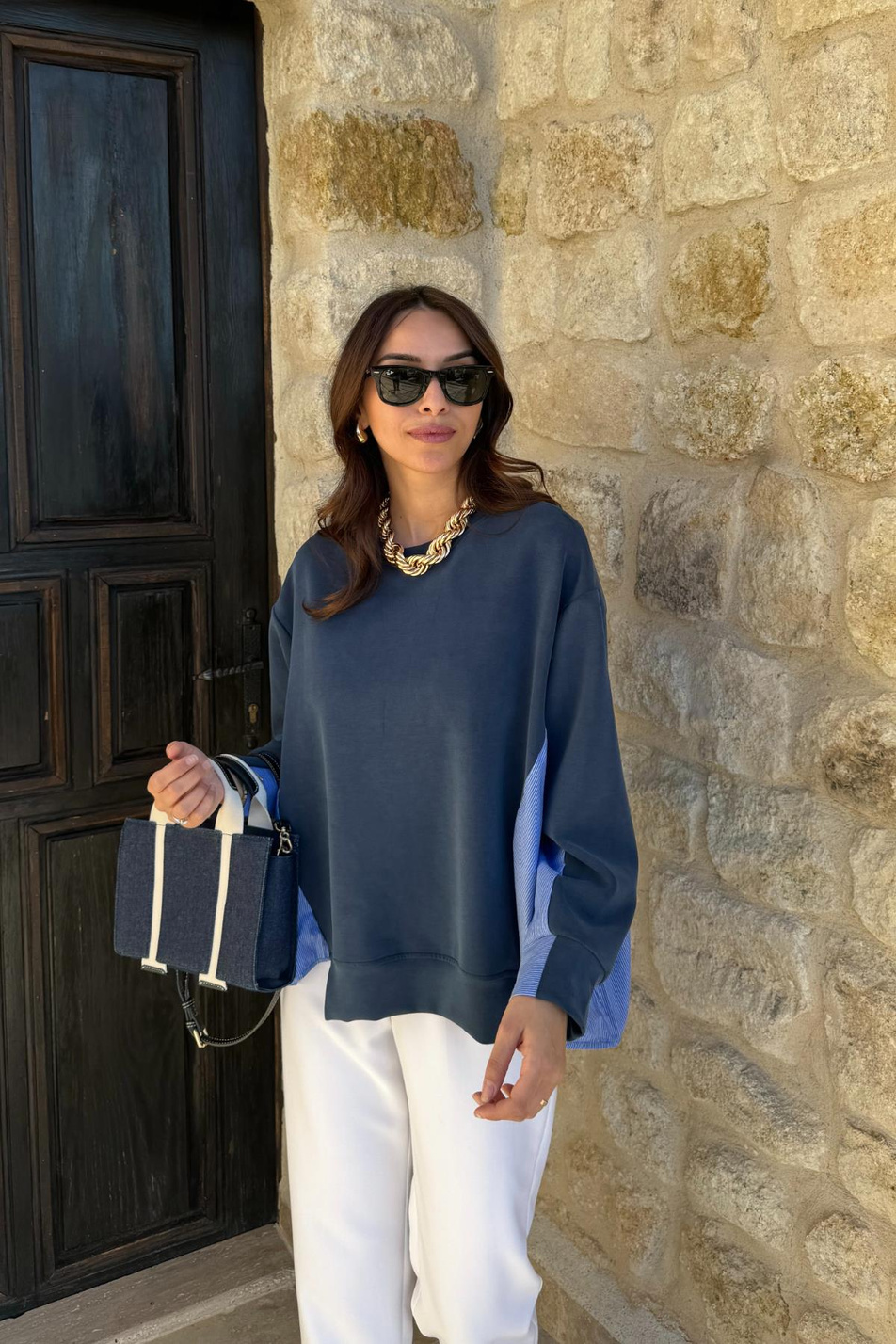 Lacivert Gömlek Detaylı Sweatshirt