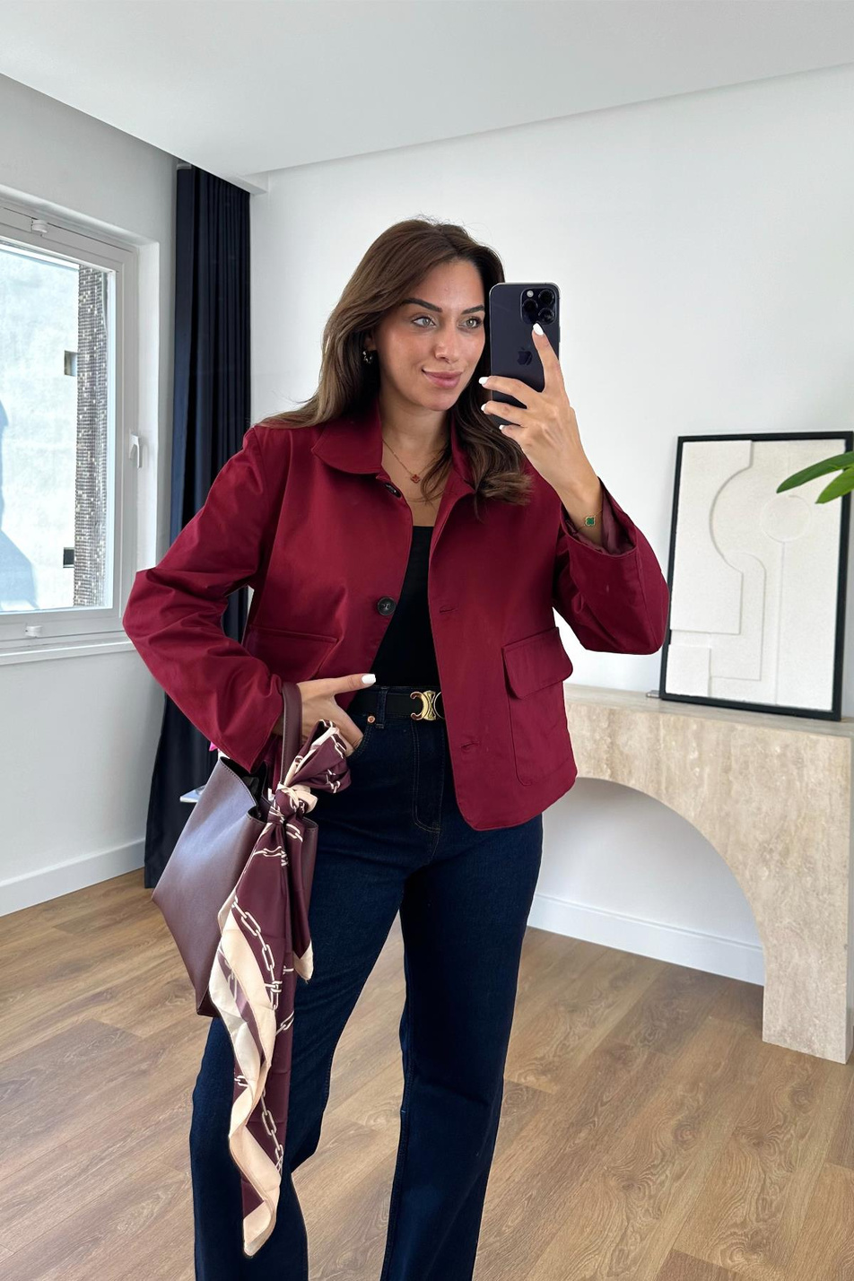 Brinde Bordo Kapak Cep Detaylı Vatkalı Kısa Ceket