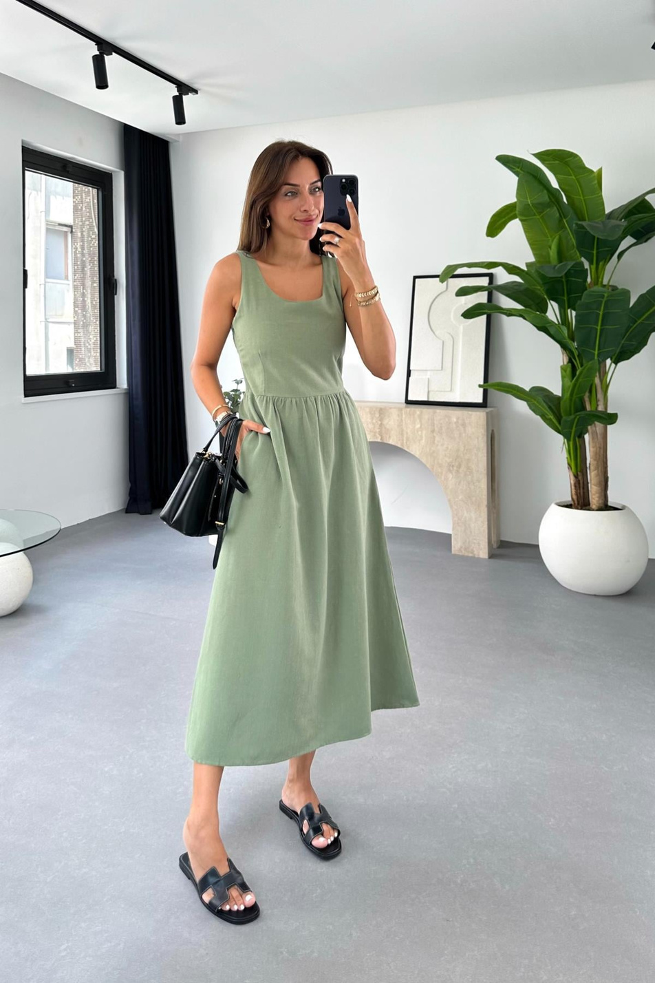 Amelia Haki Cep Detaylı Elbise