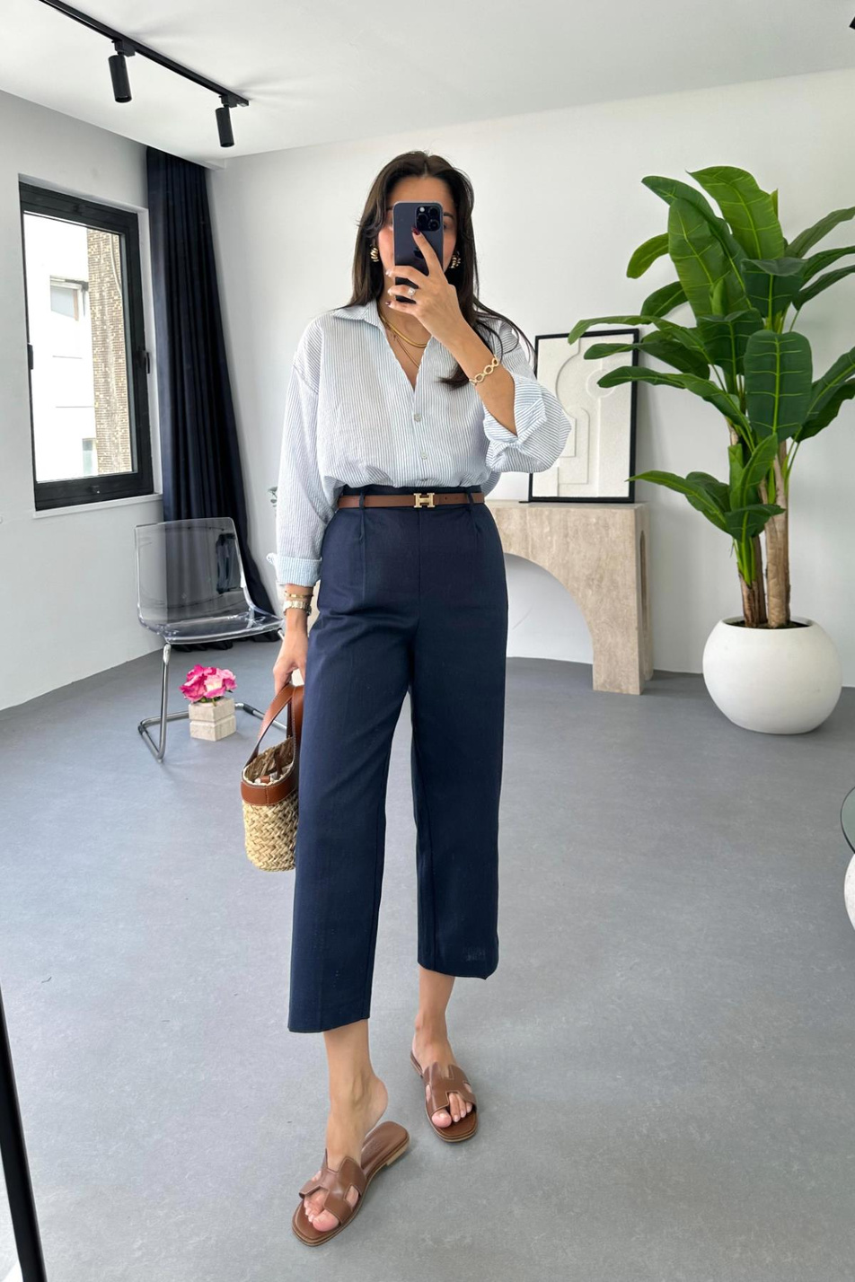 Dayzy Lacivert Beli Lastikli Keten Pantolon