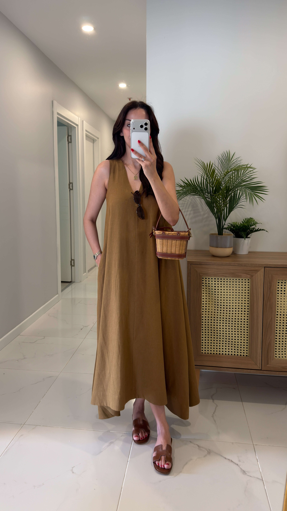 Folse Camel Kolsuz Keten Elbise