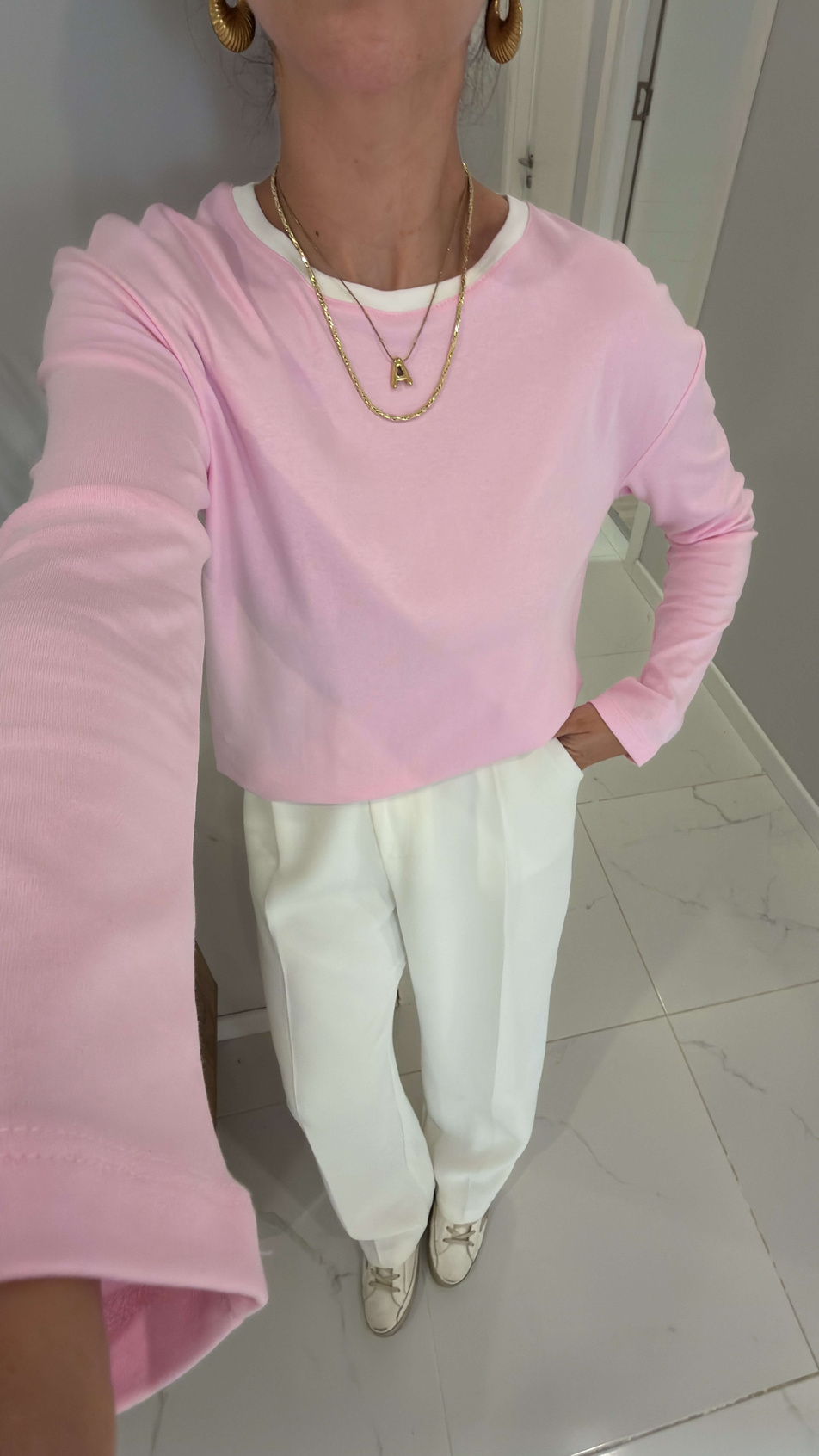 Genla Pembe Yakası Biyeli Uzun Kol Bluz