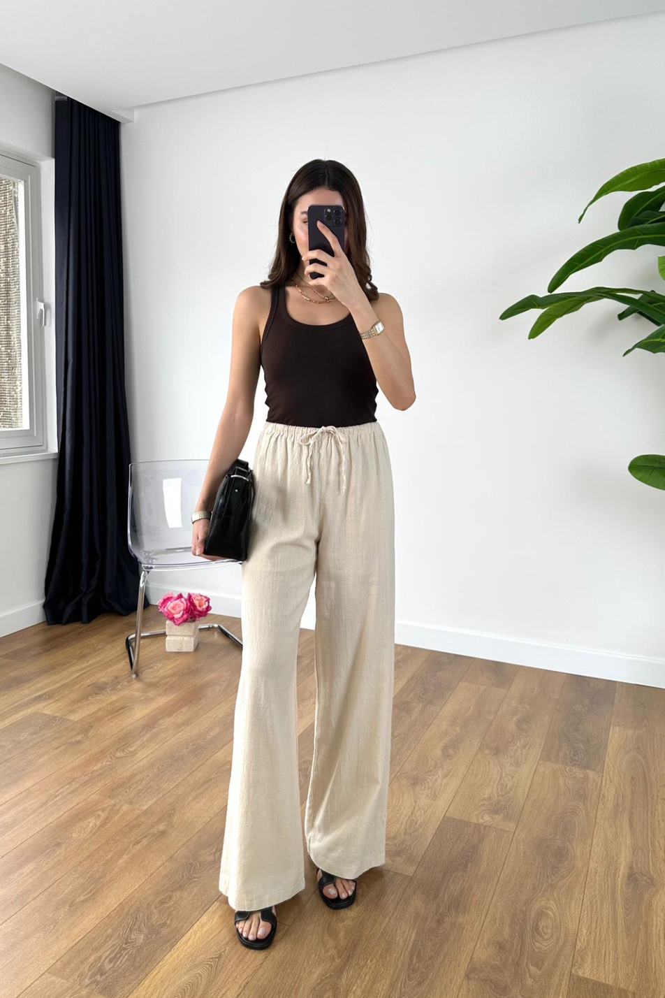 Jenilla Naturel Beli Bağlamalı Keten Pantolon