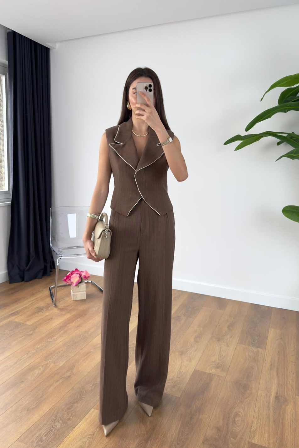 Jesna Kahve Keten Premium Yelek Pantolon Takım