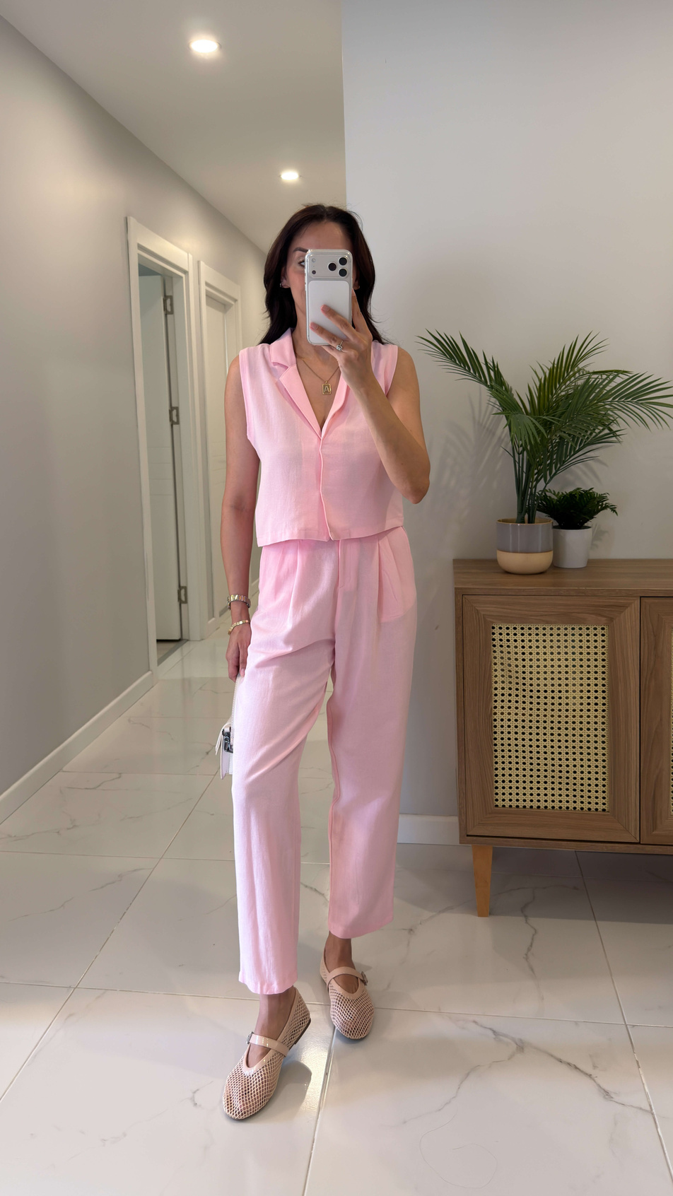 Joylie Pembe Çıtçıt Düğme Detaylı Keten Takım