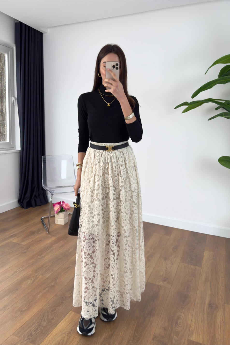 Jusla Ekru Dantelli Maxi Etek
