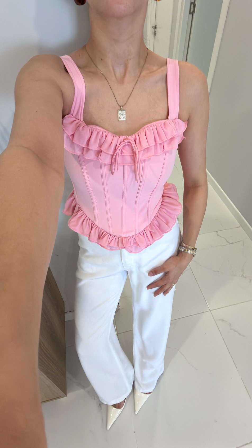 Lave Pembe Volanlı Korse Bluz