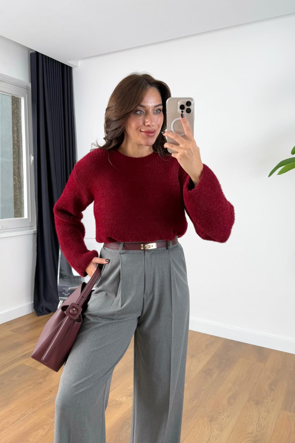 Lesiya Bordo Yaka Detaylı Triko