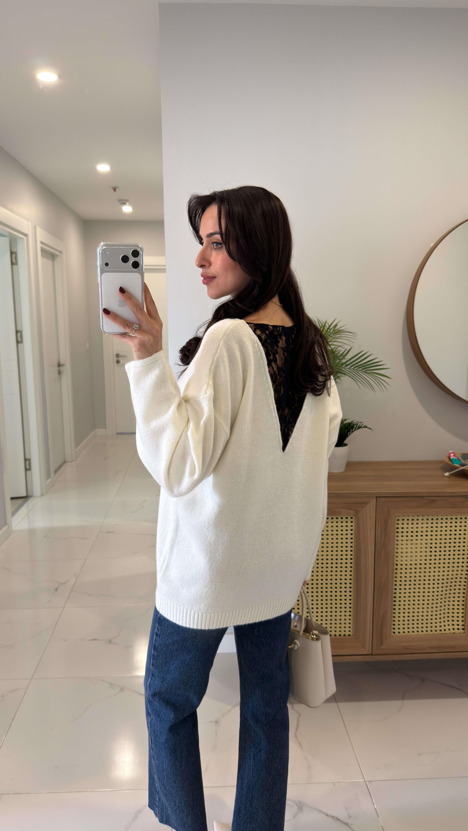 Lesiya Ekru Sırt Dantel Detaylı Triko