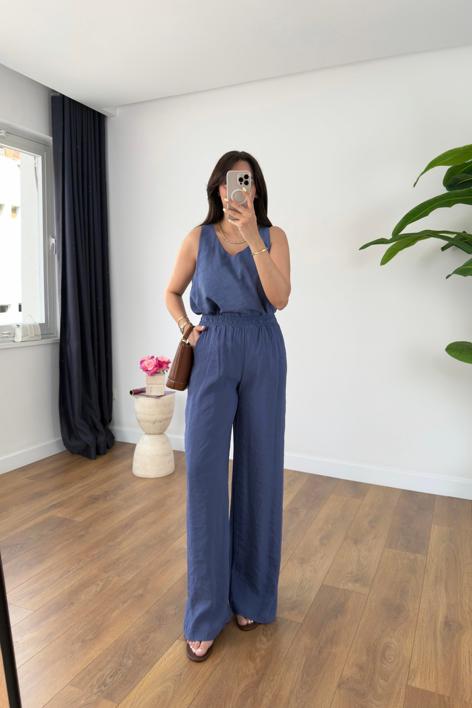 Leyona İndigo V Yaka Bluz Pantolon Takım
