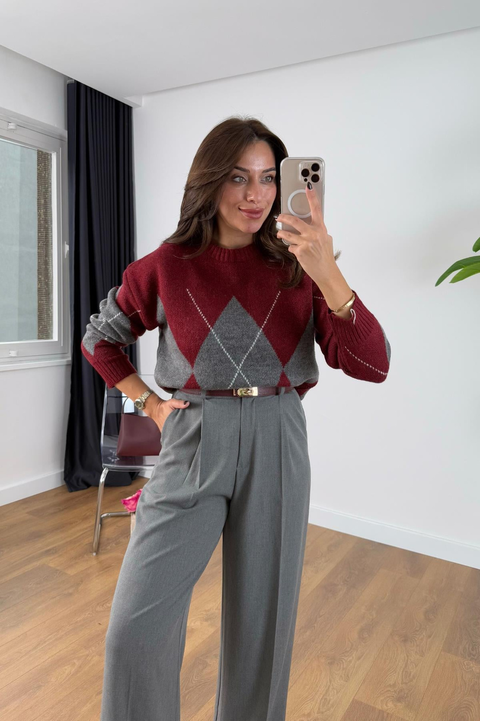 Lone Kırmızı Gri Baklava Desenli Triko