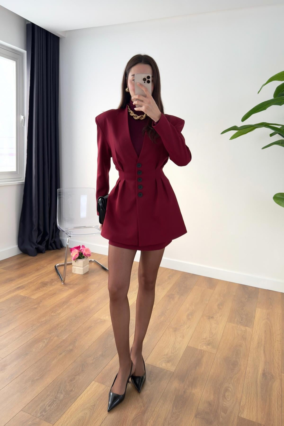 Losenta Bordo Vatka Detaylı Ceket-Etek Takım