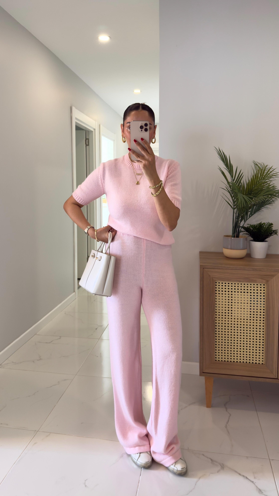 MD Emily Pembe Kısa Kol Triko Pantolon Takım