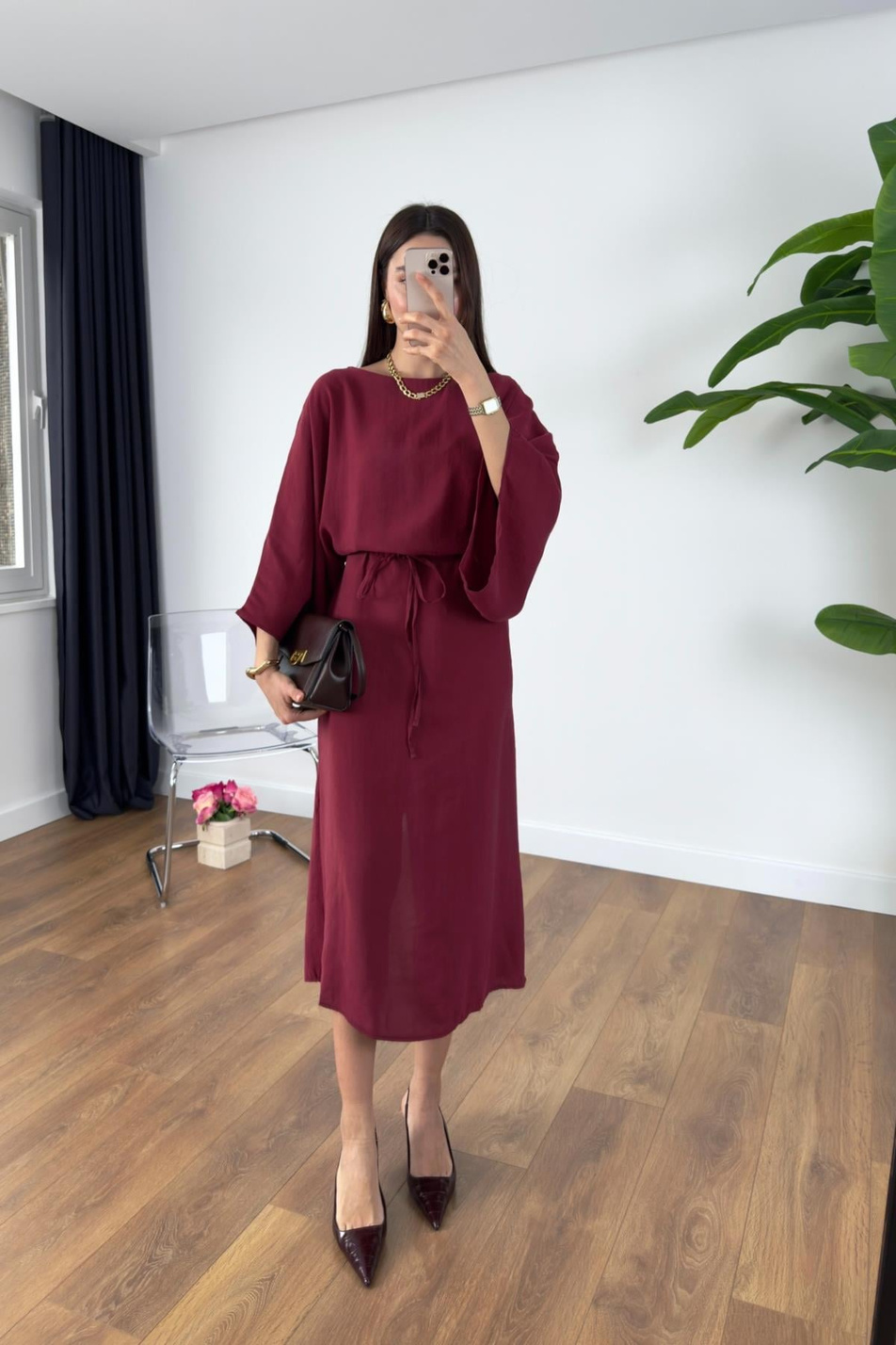 MD Jennas Bordo Yarasa Kol Tensel Elbise