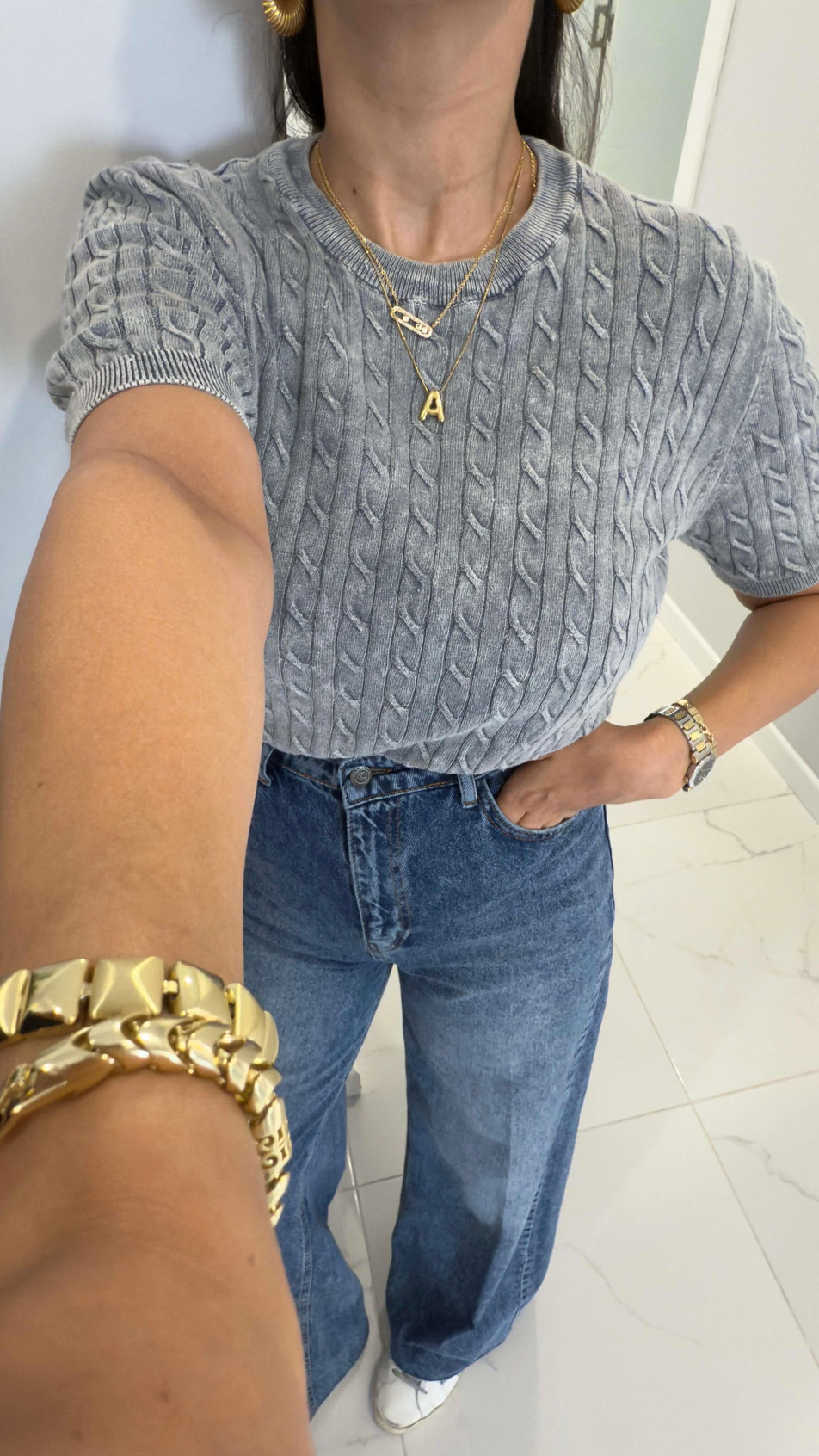 MD Tita Gri Örme Detaylı Kısa Kol Triko