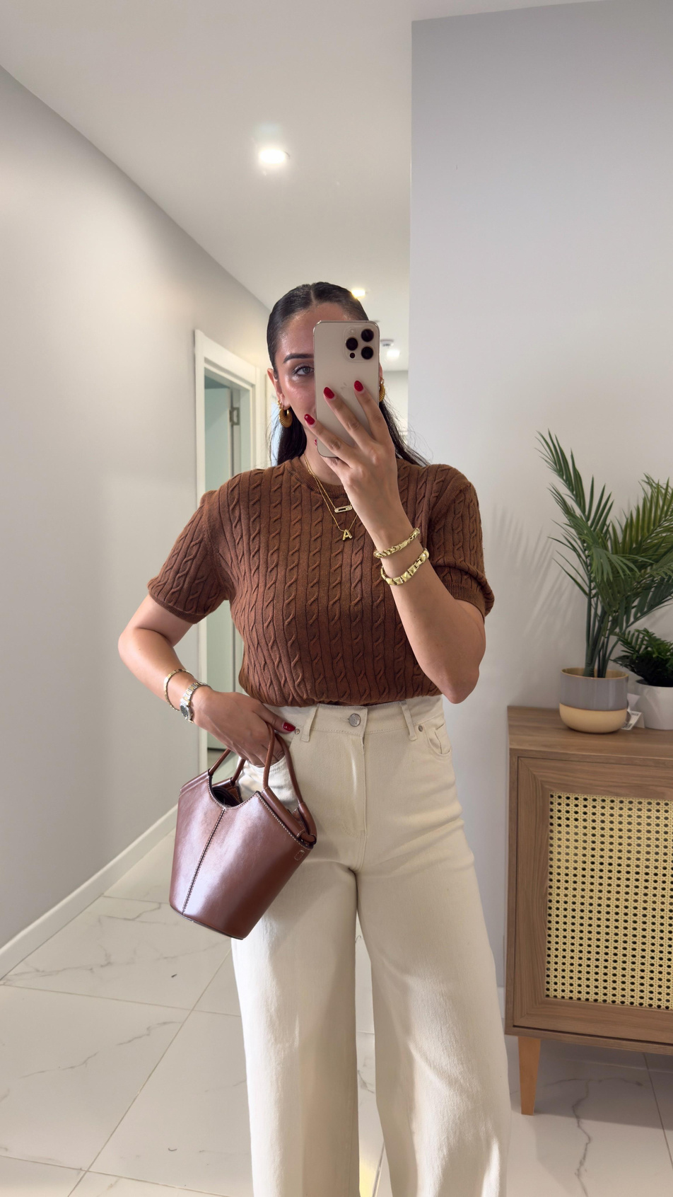 MD Tita Kahve Örme Detaylı Kısa Kol Triko