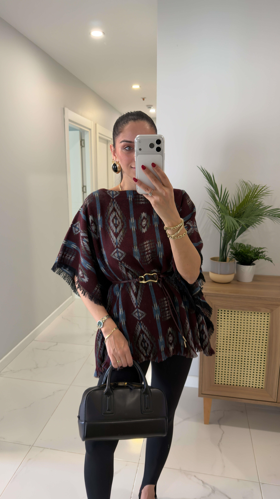 MD Violla Bordo Mavi Desenli Kemer Detaylı Panço Triko