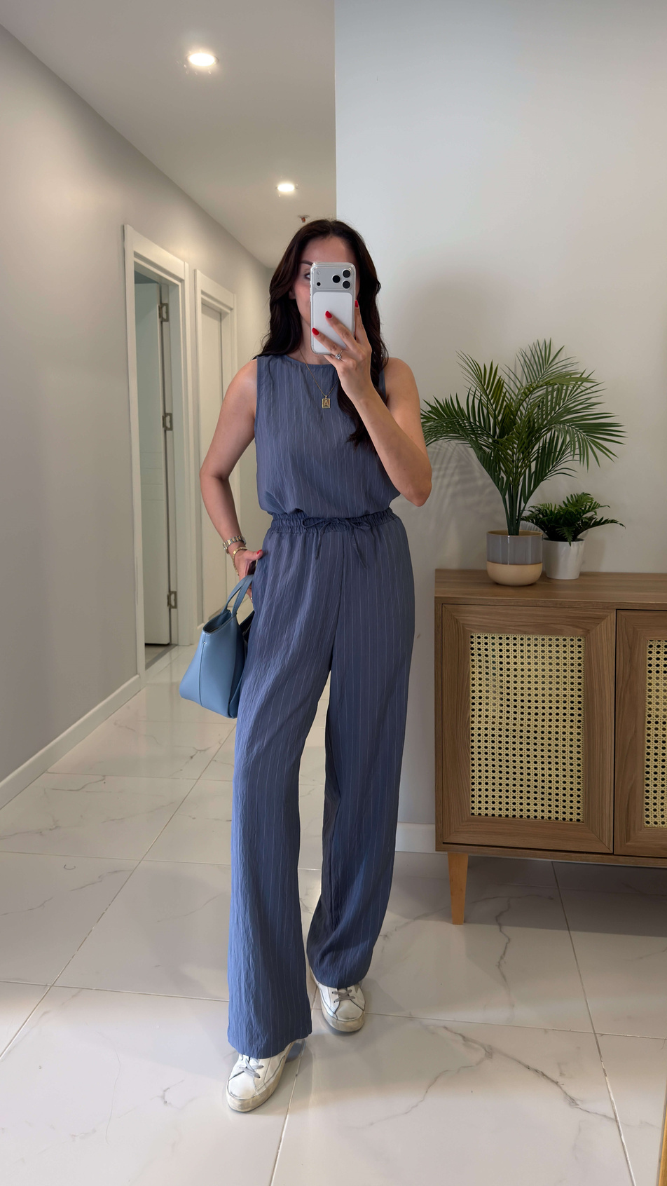 MD Vude İndigo Çizgili Kolsuz Bluz Pantolon Takım