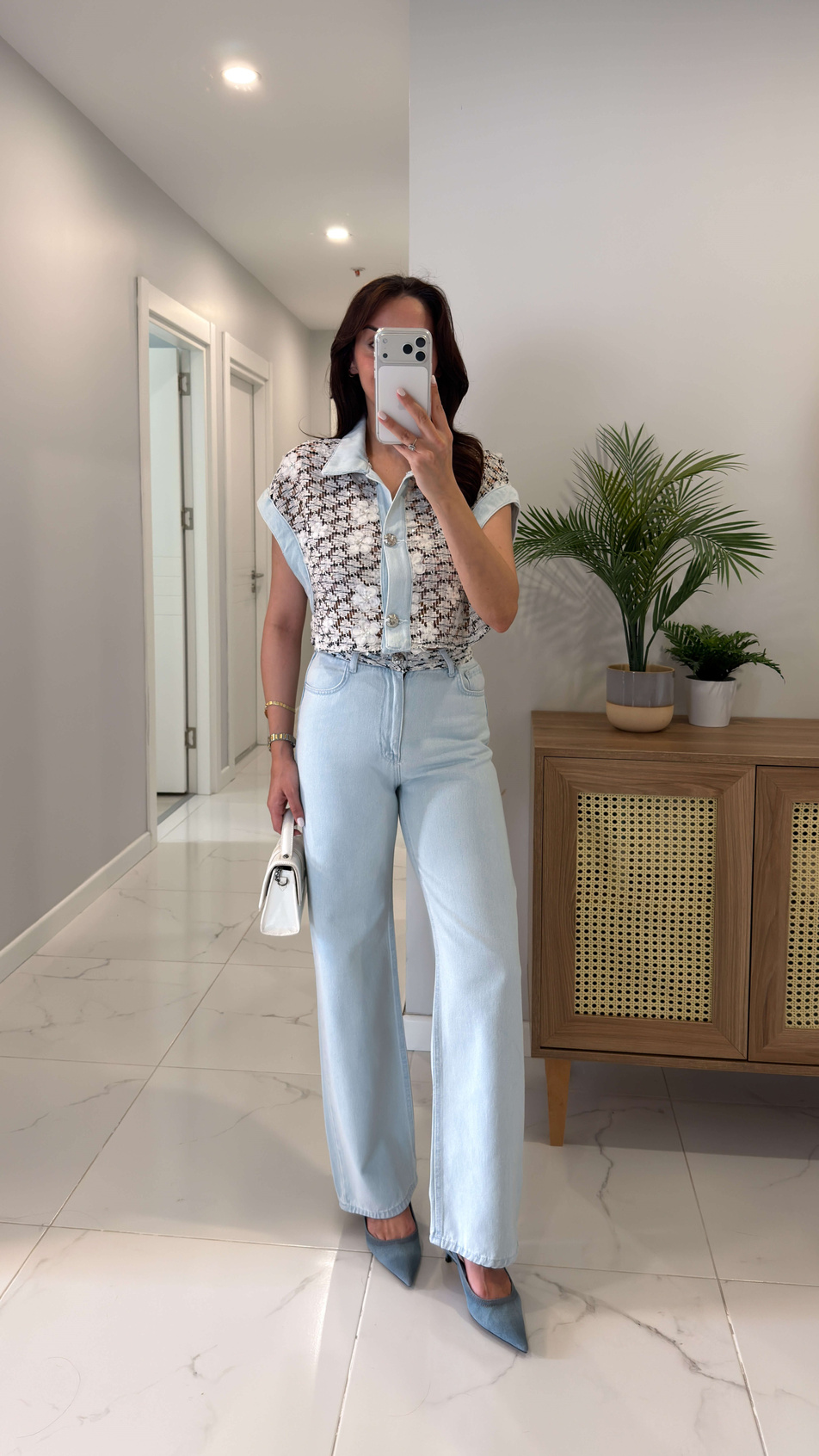 Melsta Mavi Çiçek İşleme Detaylı Denim Pantolon Takım