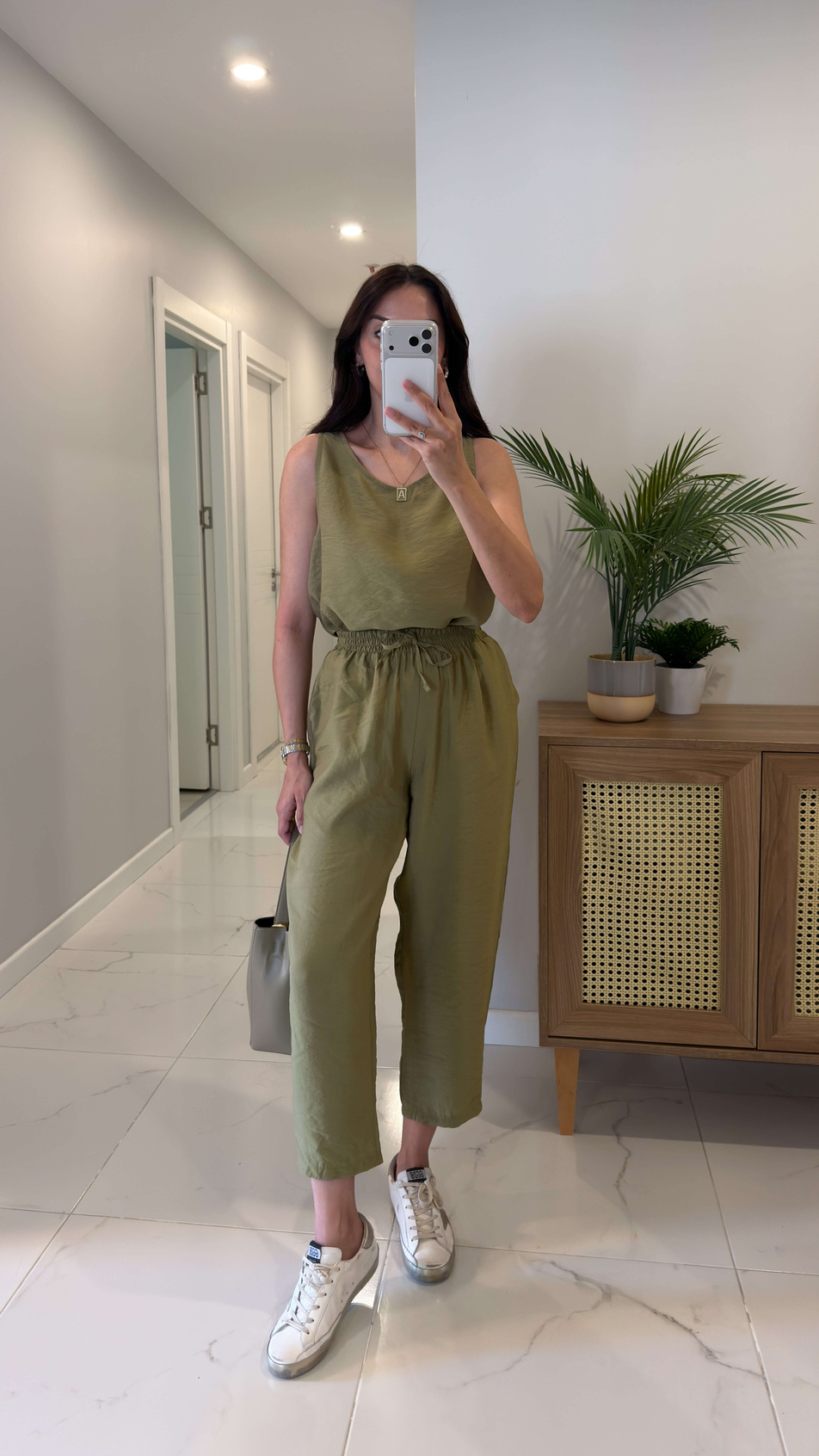 Mone Olive Tensel Kolsuz Bluz Pantolon Takım