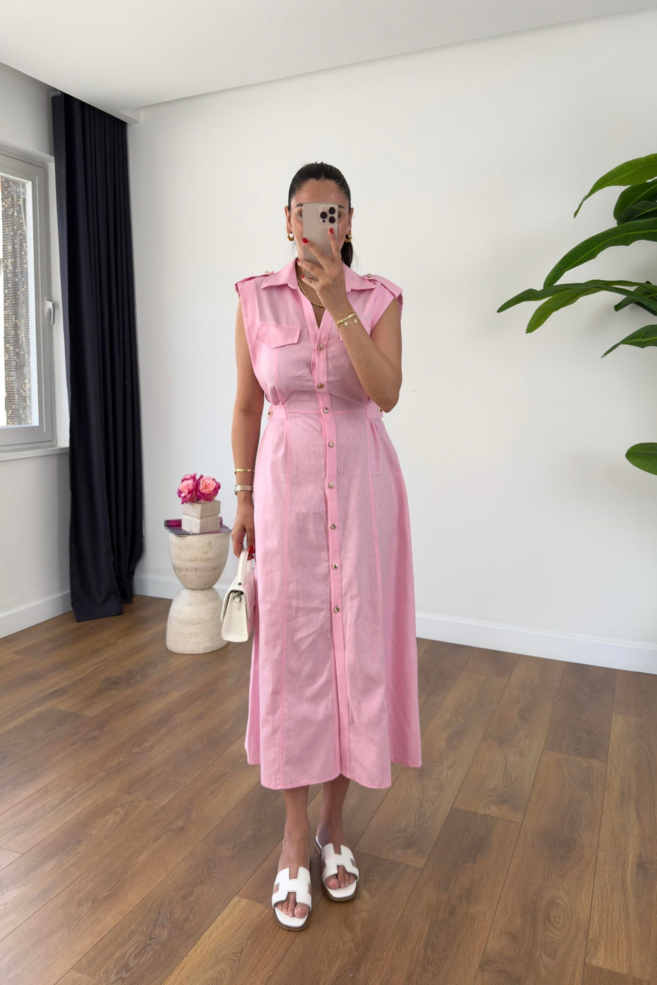 Most Pembe Kendinden Kemer Detaylı Keten Elbise
