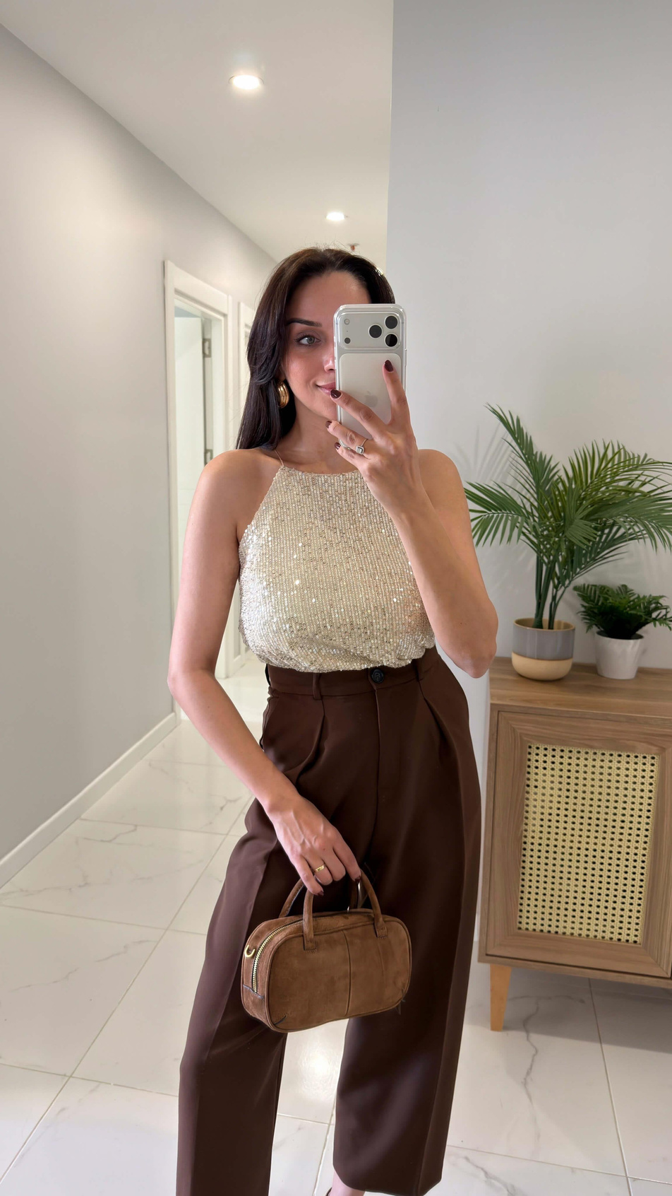 Motre Bej Askılı Pul Payet Bluz