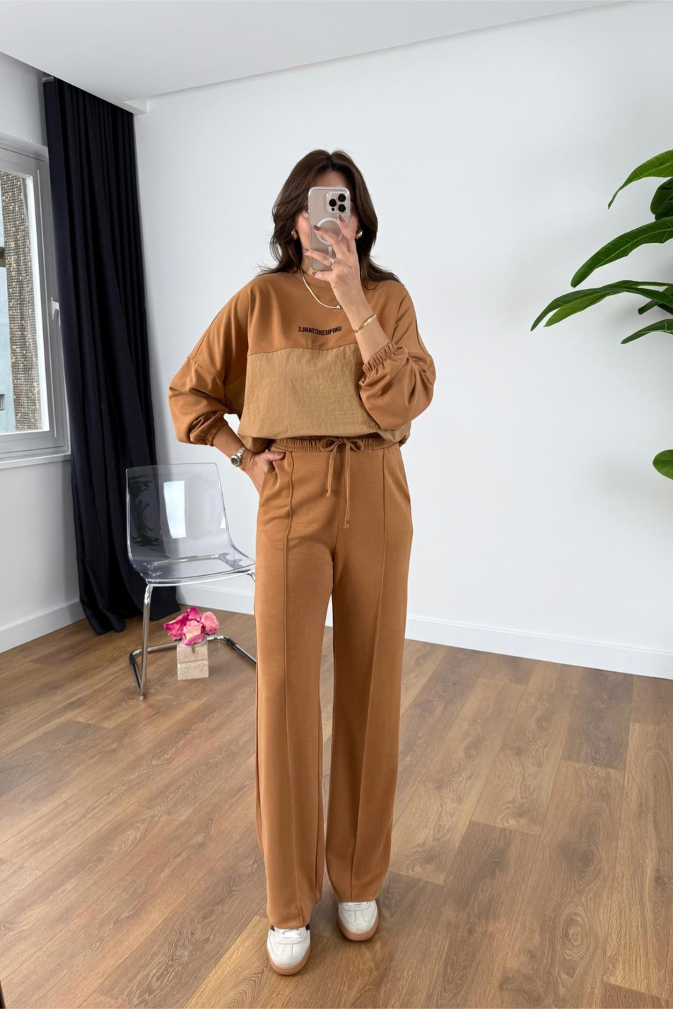 Nadia Camel Bej Paraşüt Kumaş Sweat-Pantolon Modal Takım
