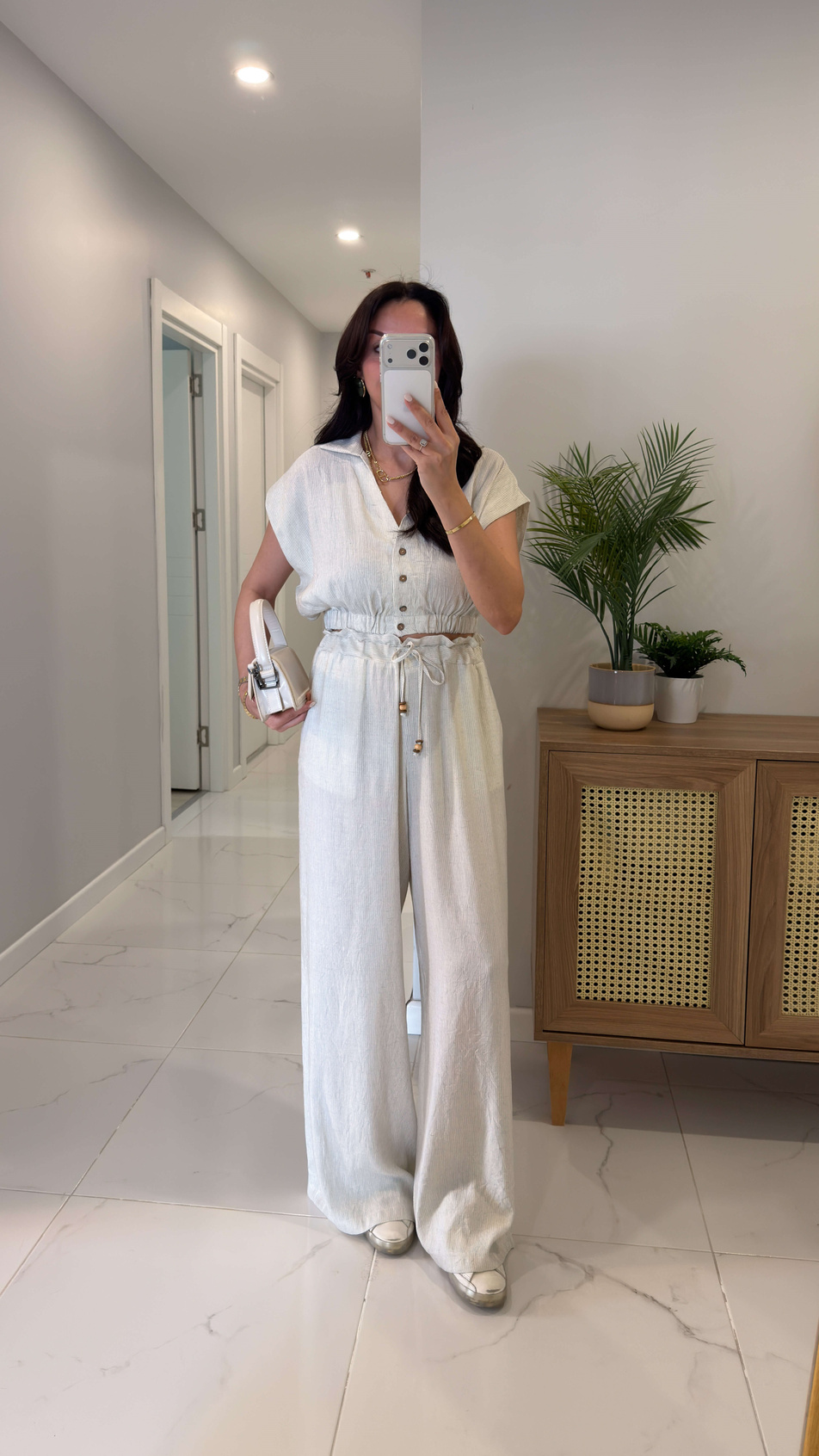 Perowe Ekru Polo Yaka Bluz Pantolon Takım