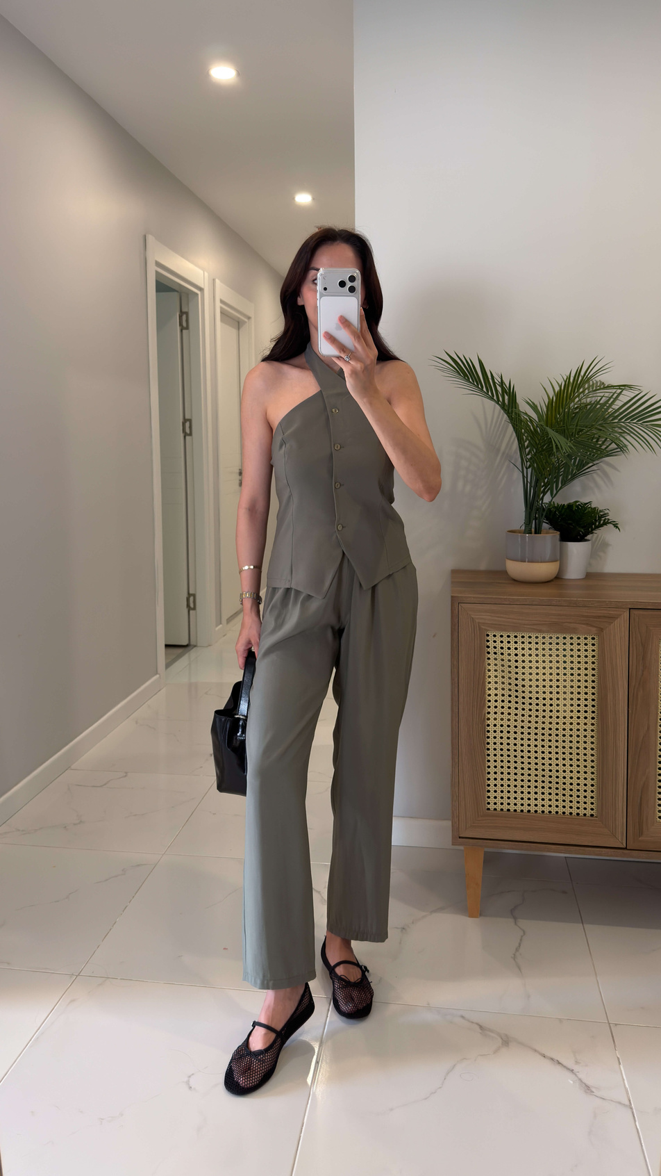 Pihola Haki Halter Yaka Yelek Pantolon Takım