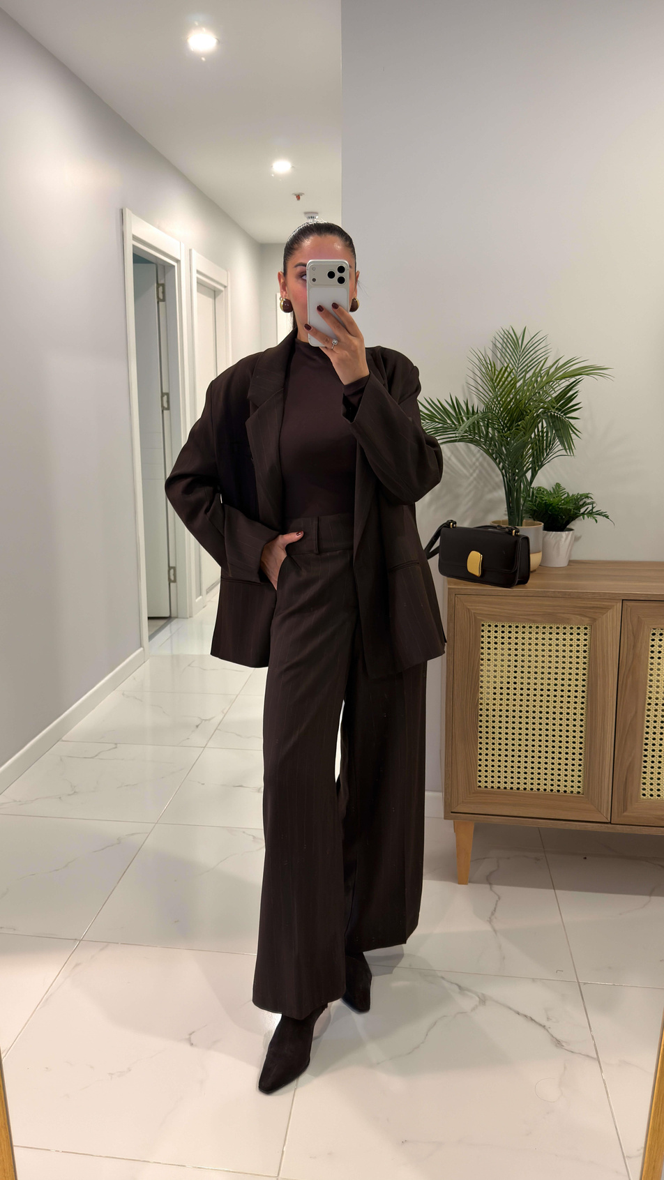 Portekiz Kahve Çizgili Blazer Pantolon Takım