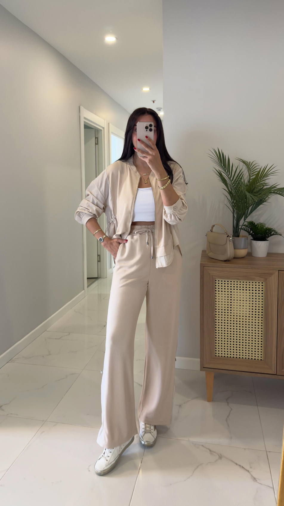 Rendry Bej Paraşüt Detaylı Kapüşonlu Pantolon Takım