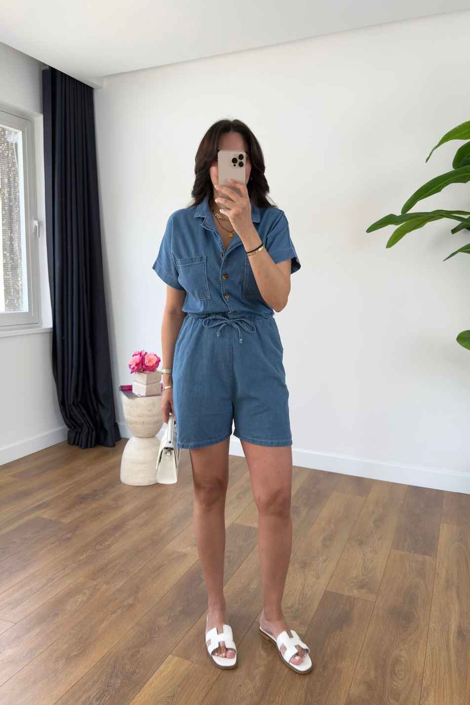 Ressa Mavi Denim Kısa Tulum