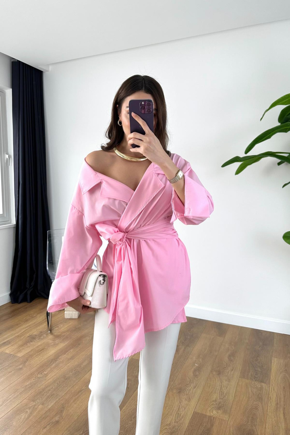 Rossa Pembe Kuşaklı Poplin Gömlek
