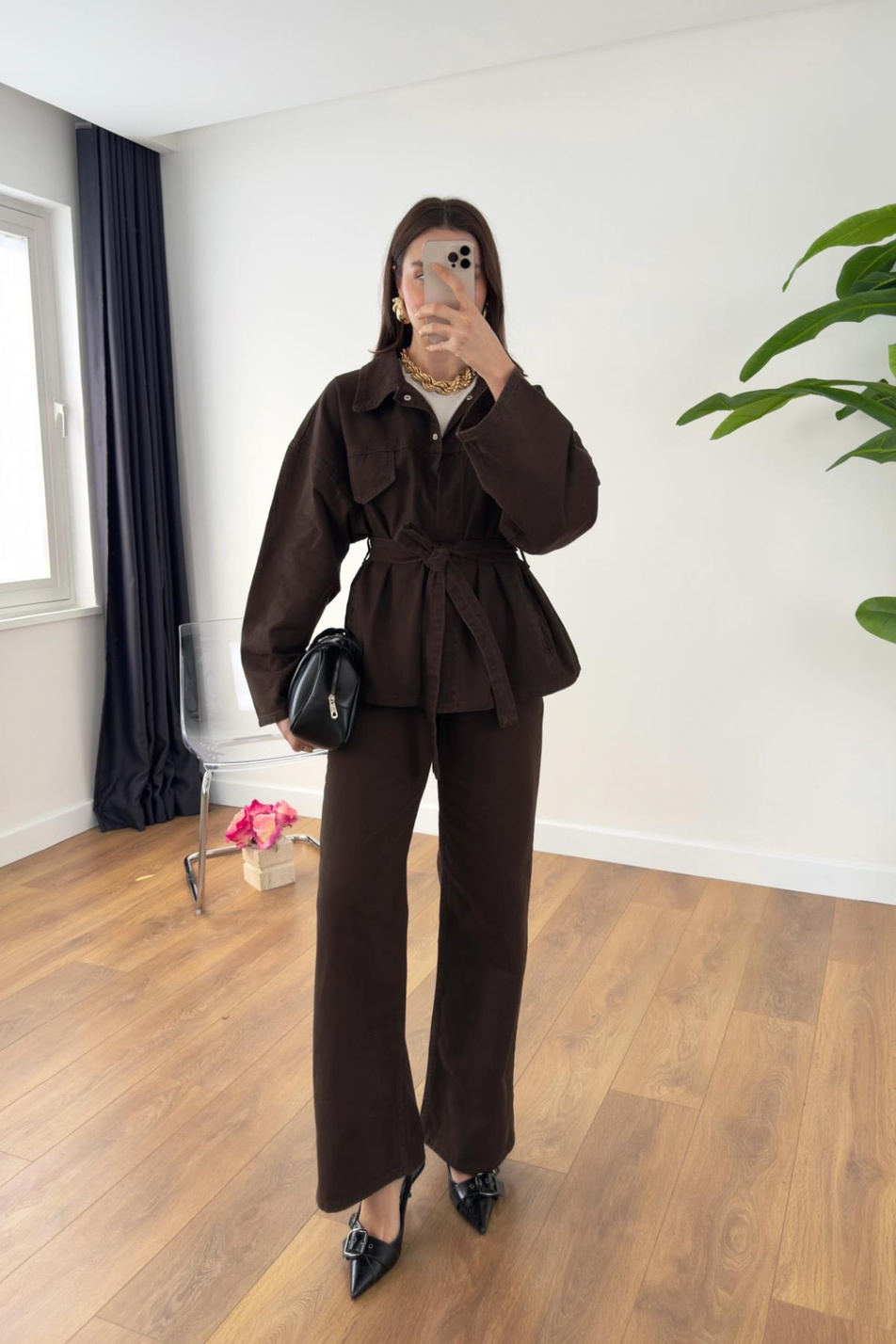 Sobela Acı Kahve Kemerli Ceket Pantolon Denim Takım
