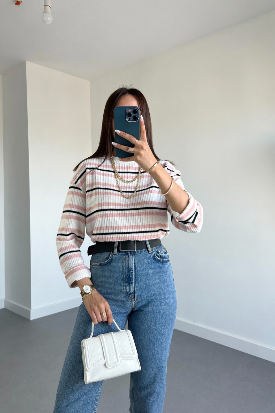 Hm Pembe Siyah Çizgili Pamuklu Sweatshirt