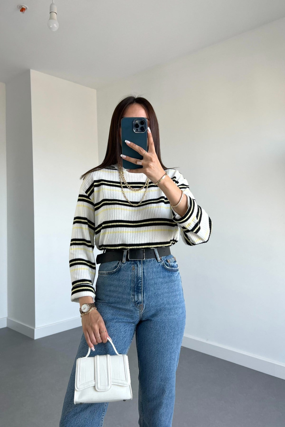 Hm Sarı Siyah Çizgili Pamuklu Sweatshirt