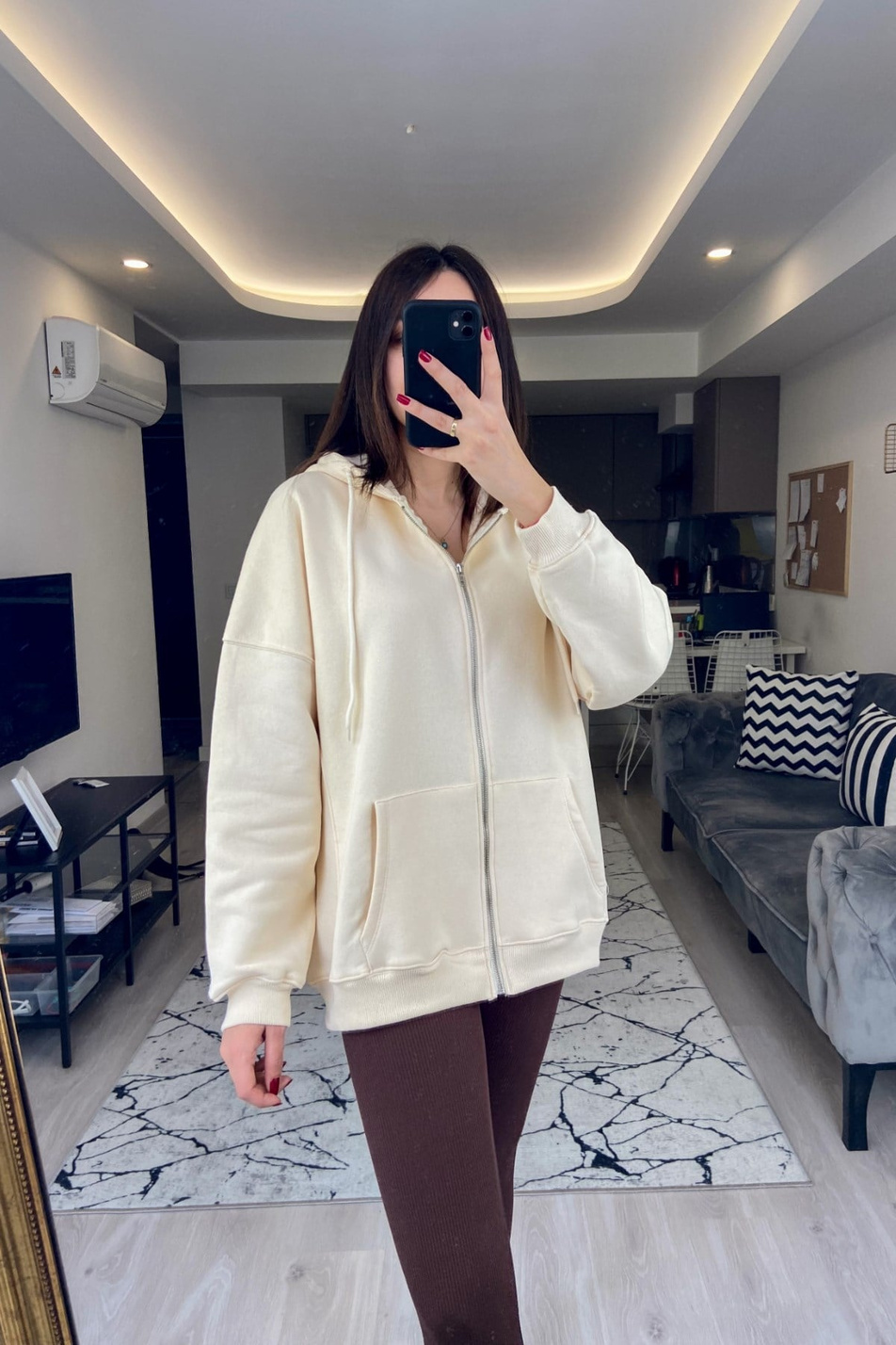 Krem Fermuarlı Kapüşonlu Sweatshirt