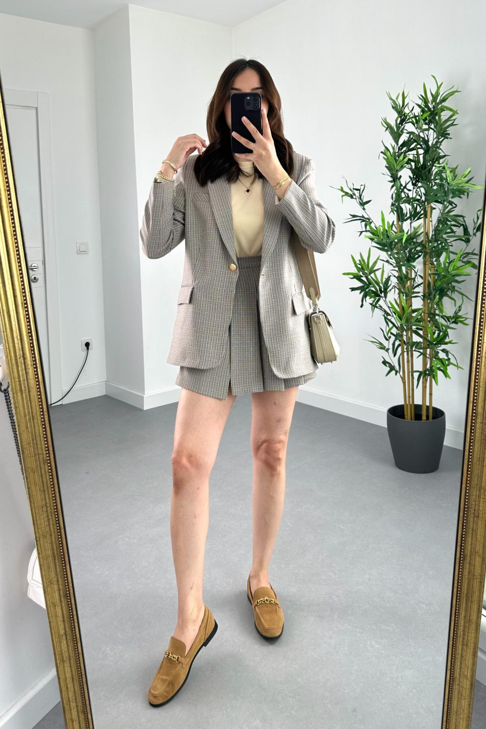 Kahverengi Pitikare Desenli Şort Etek Blazer Takım