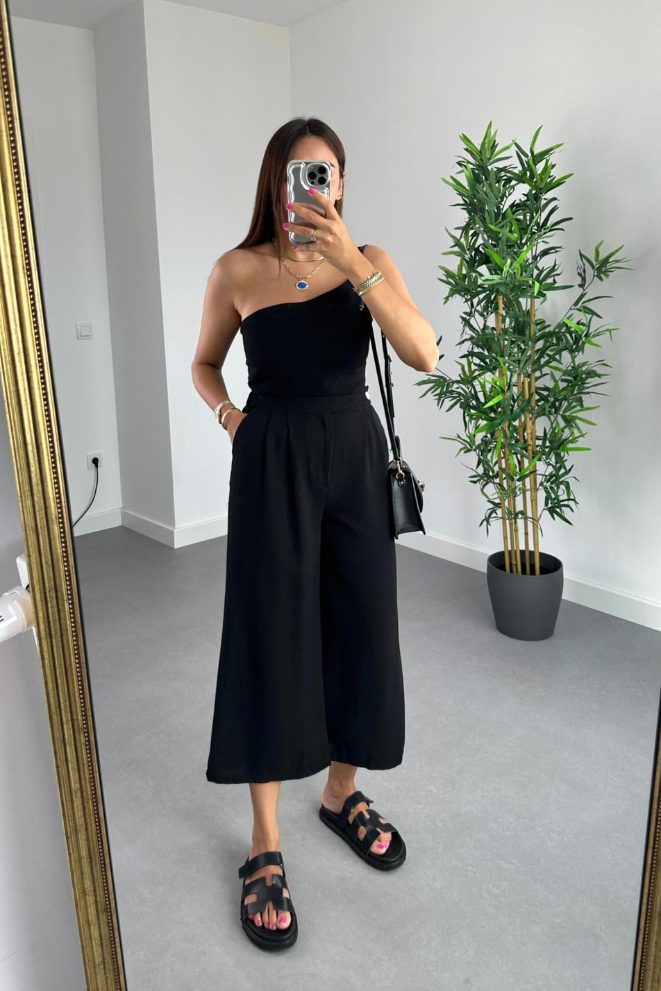 Nelina Siyah Crop Pantolon Keten Takım