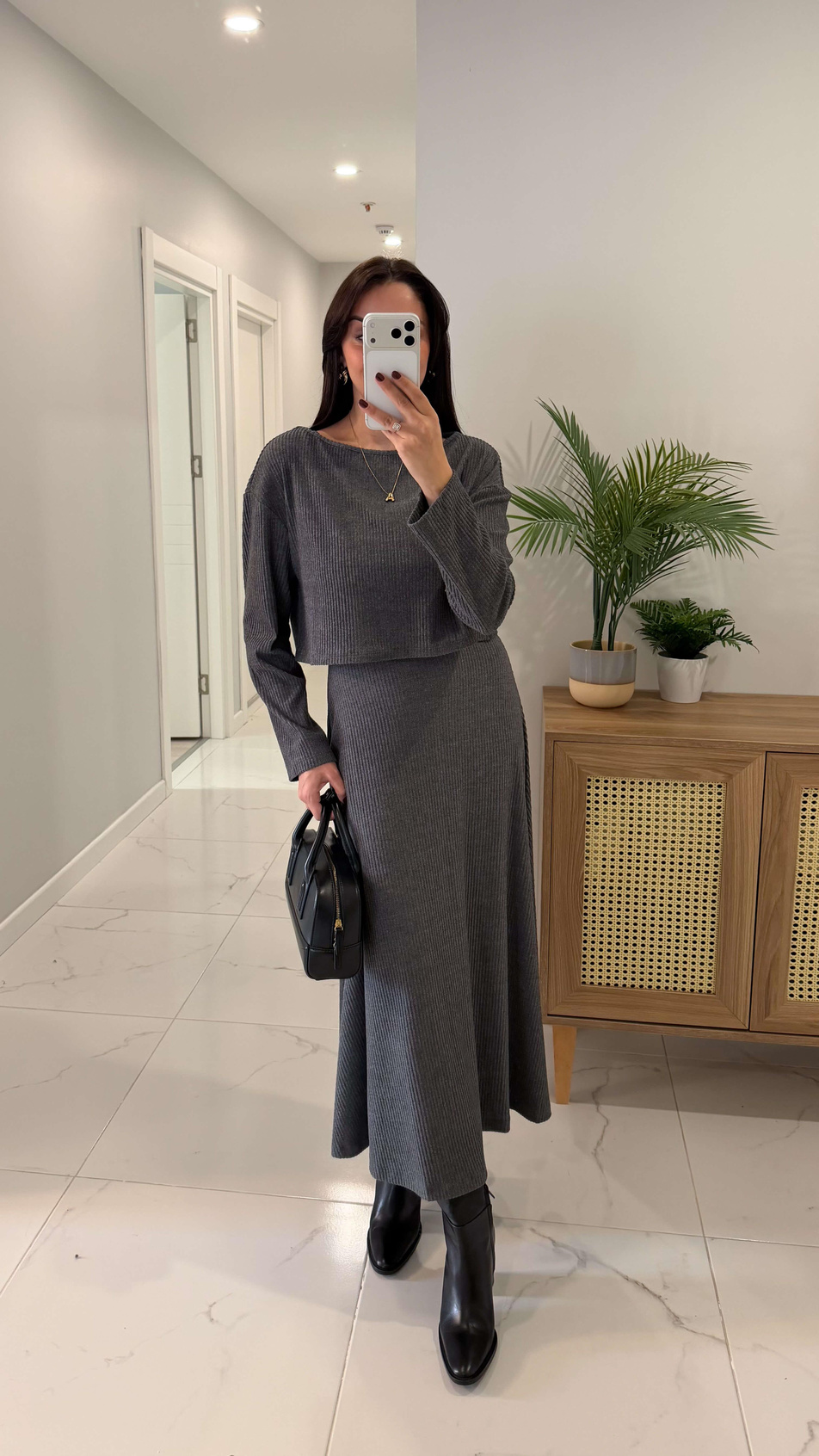 Terisa Antrasit Fitilli Örme Bluz Elbise Takım