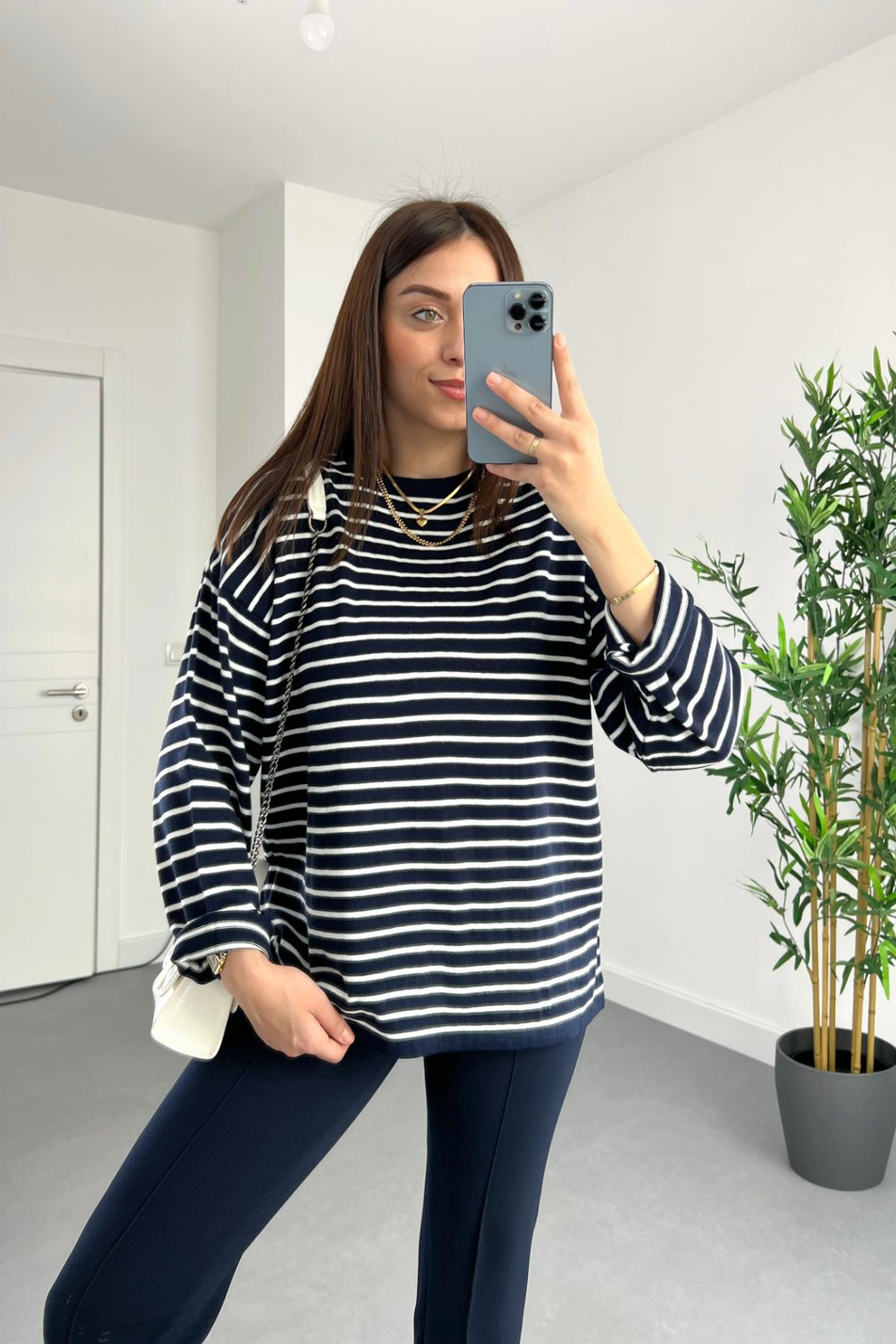 Bona Lacivert Çizgili Triko Sweat