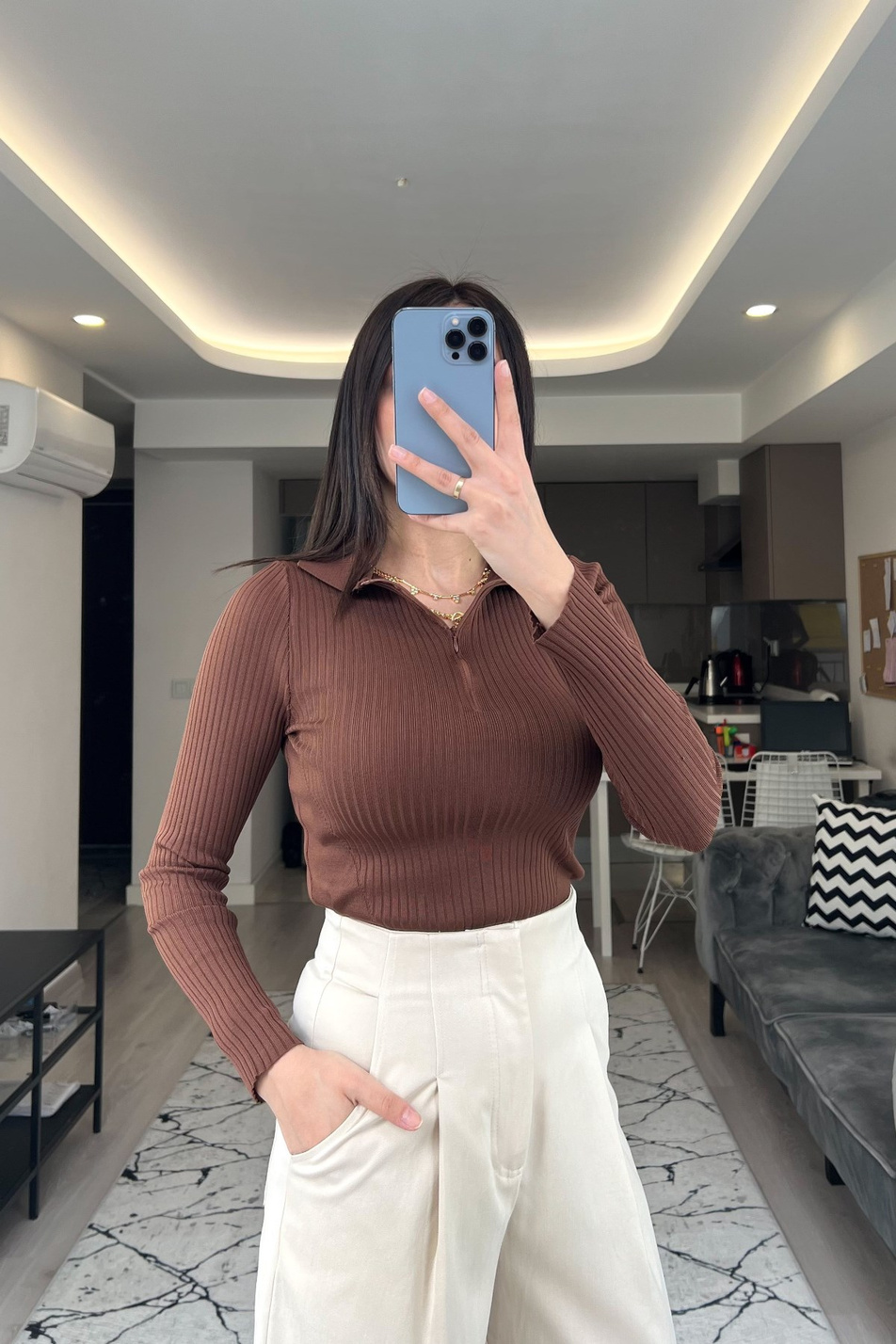Kahve Fermuarlı Polo Yaka Triko
