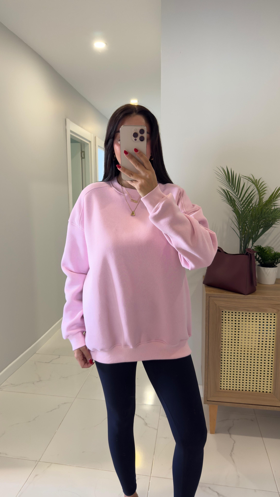 Valeria Pembe Oversize Basic Sweatshirt