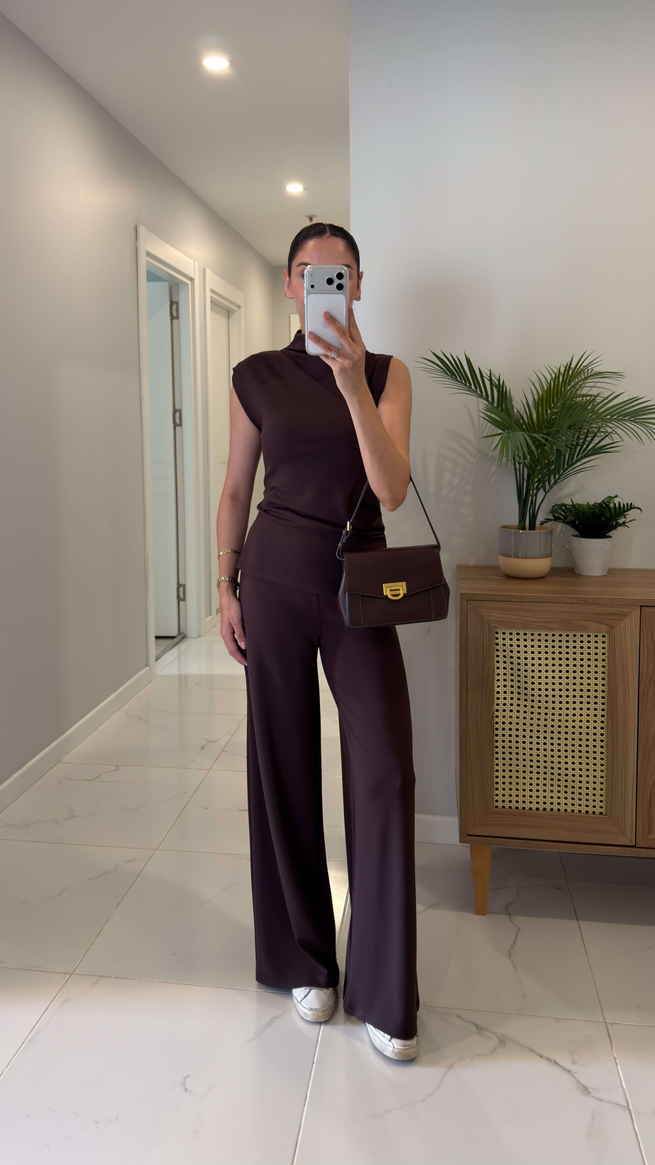 Veyta Kahve Örme Omuz Beli Pile Detaylı Bluz Pantolon Takım