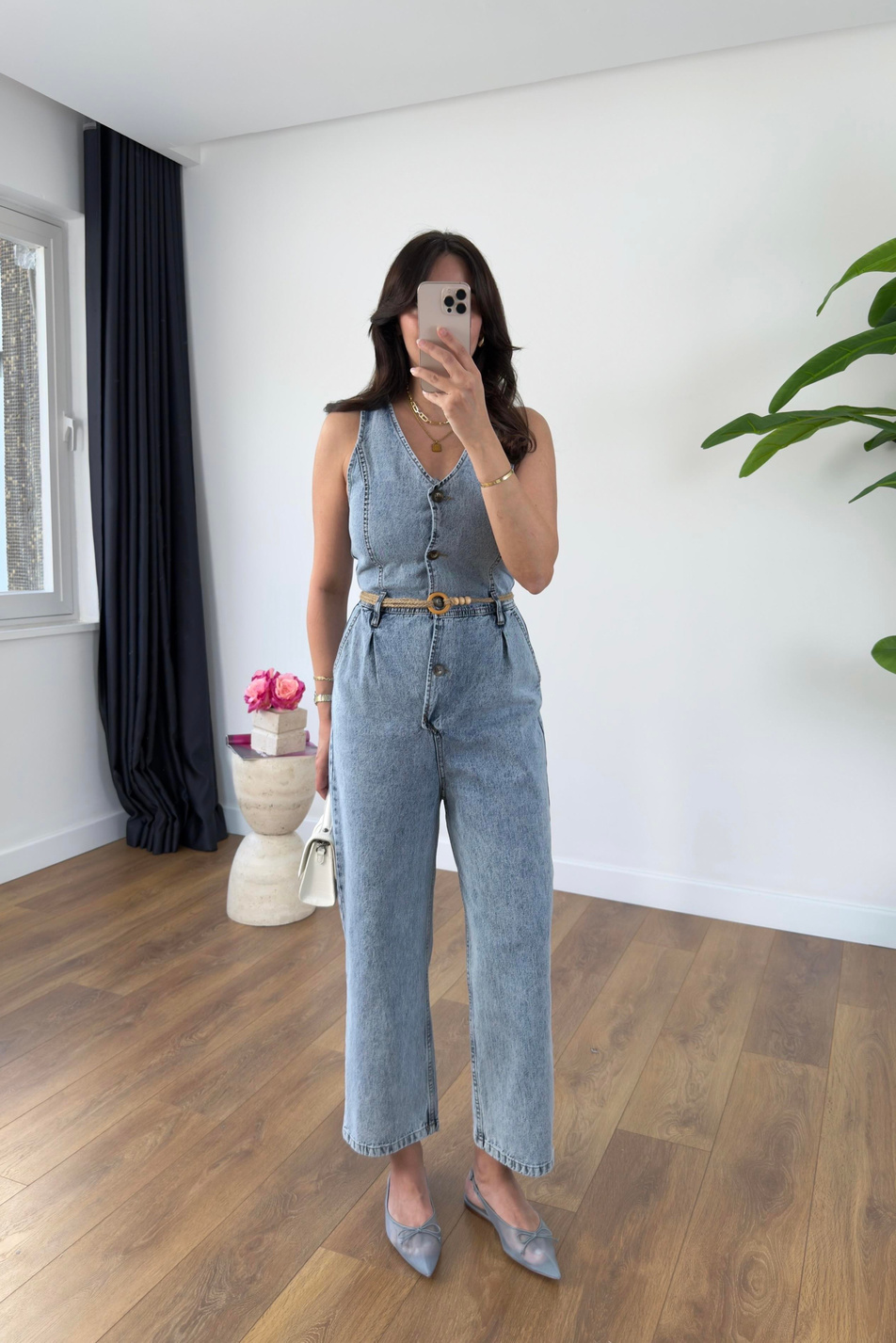 Yeska Buz Mavi Denim Kuşaklı Tulum